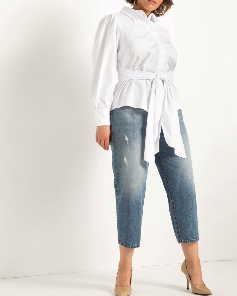 Front of a model wearing a size 14 Lily Button Down With Waist Tie in Totally White by ELOQUII. | dia_product_style_image_id:206698